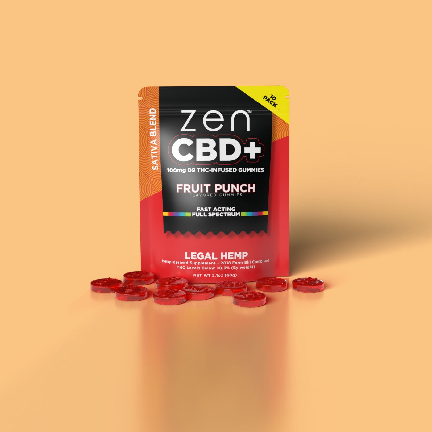 100mg Delta 9 THC | Sativa Fruit Punch Gummies | 10pk – Zen